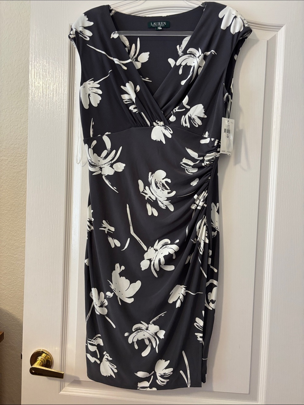 NWT Lauren Ralph Lauren Black & White Floral Faux-Wrap Dress size 12